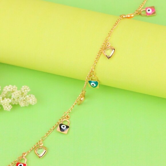 "Rose Gold Evil Eye & Heart Charm Anklet in Gold Plated Brass, XPAL1193 - Picture 10 of 12